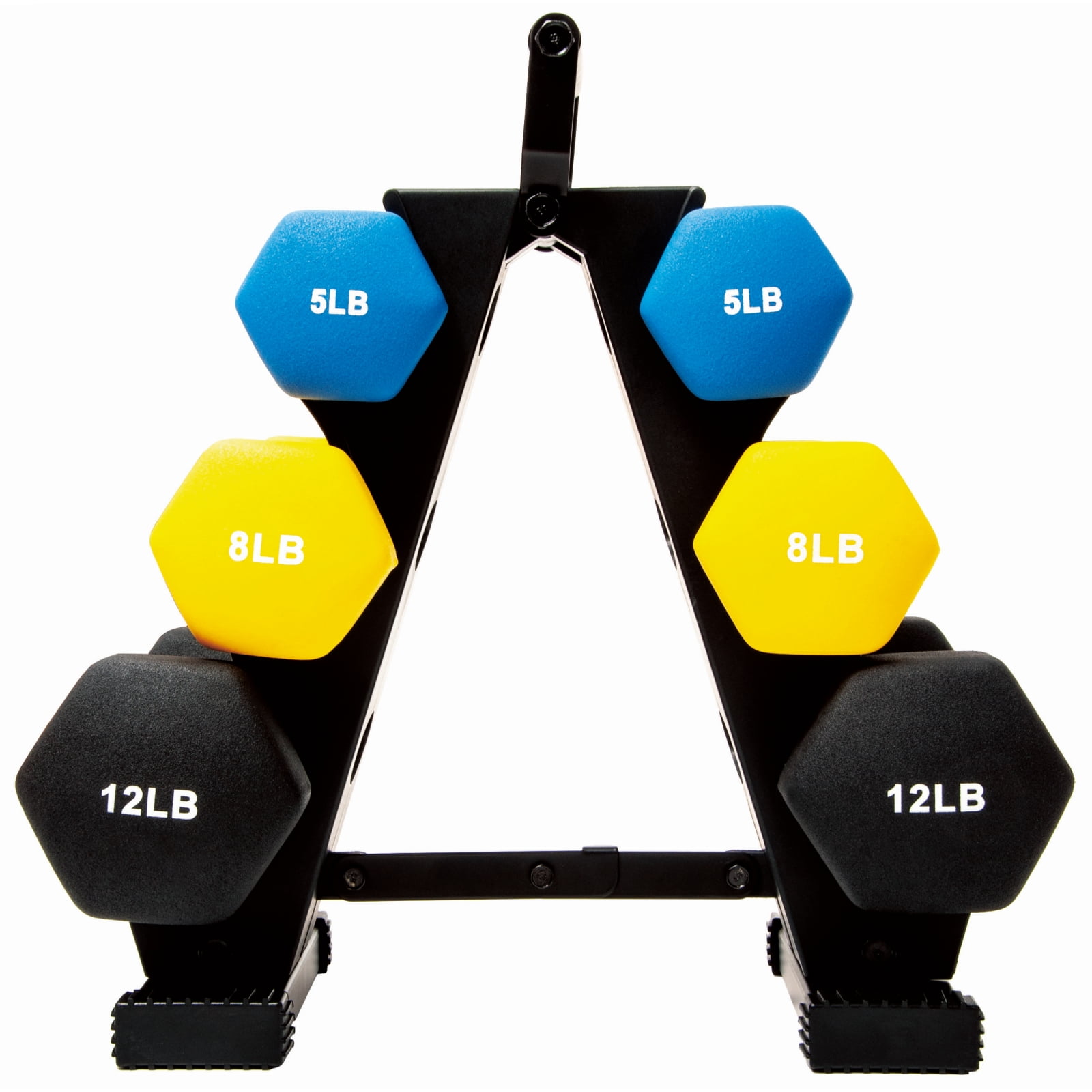 Gianna Colored Neoprene Dumbbell Set with Rack, Included 5lbs, 8lbs, 12lbs Dumbbells