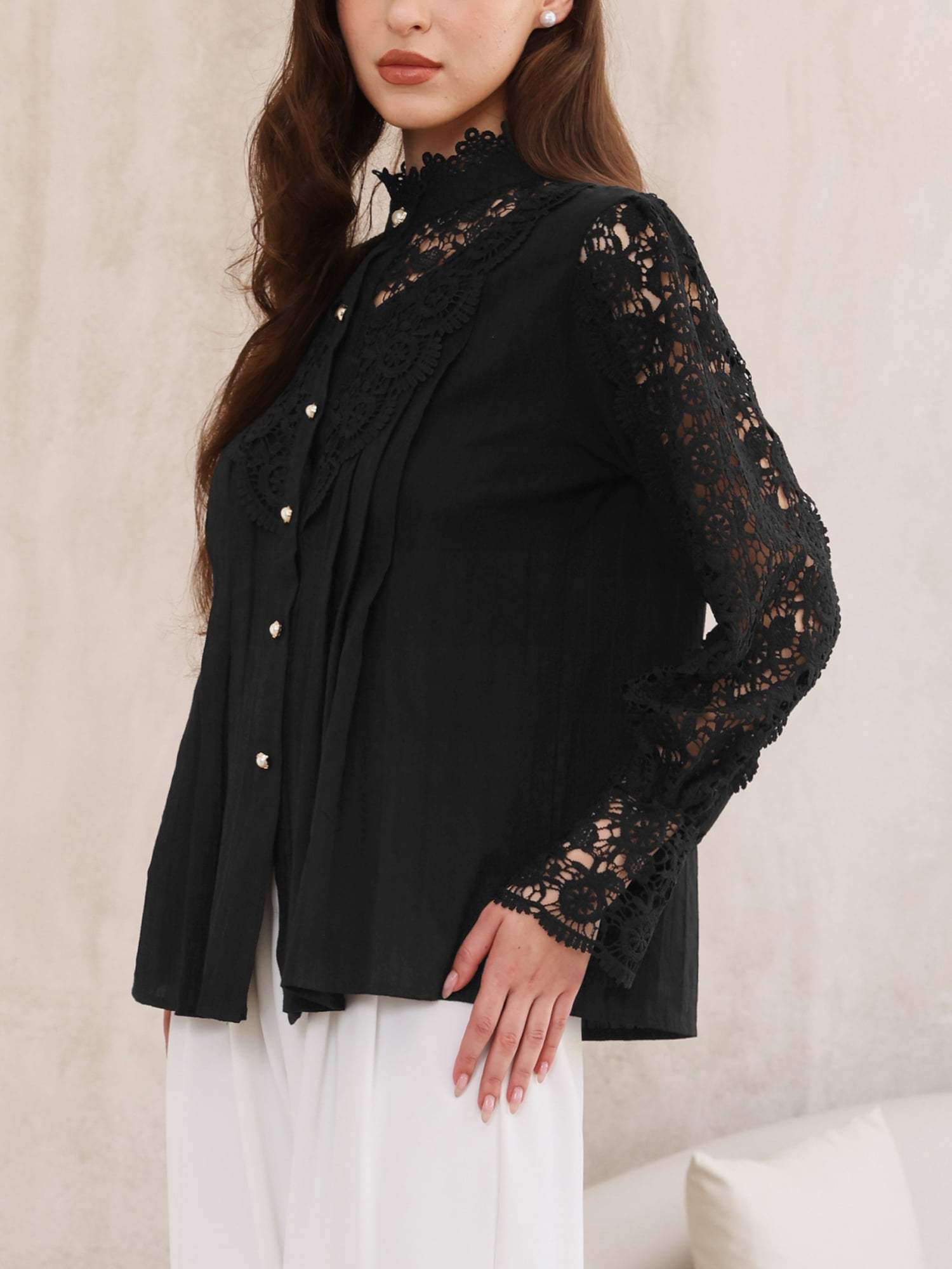 DARING DIVA Women's Lace Trim Top Victorian Long Sleeve Button Down Blouse S Black