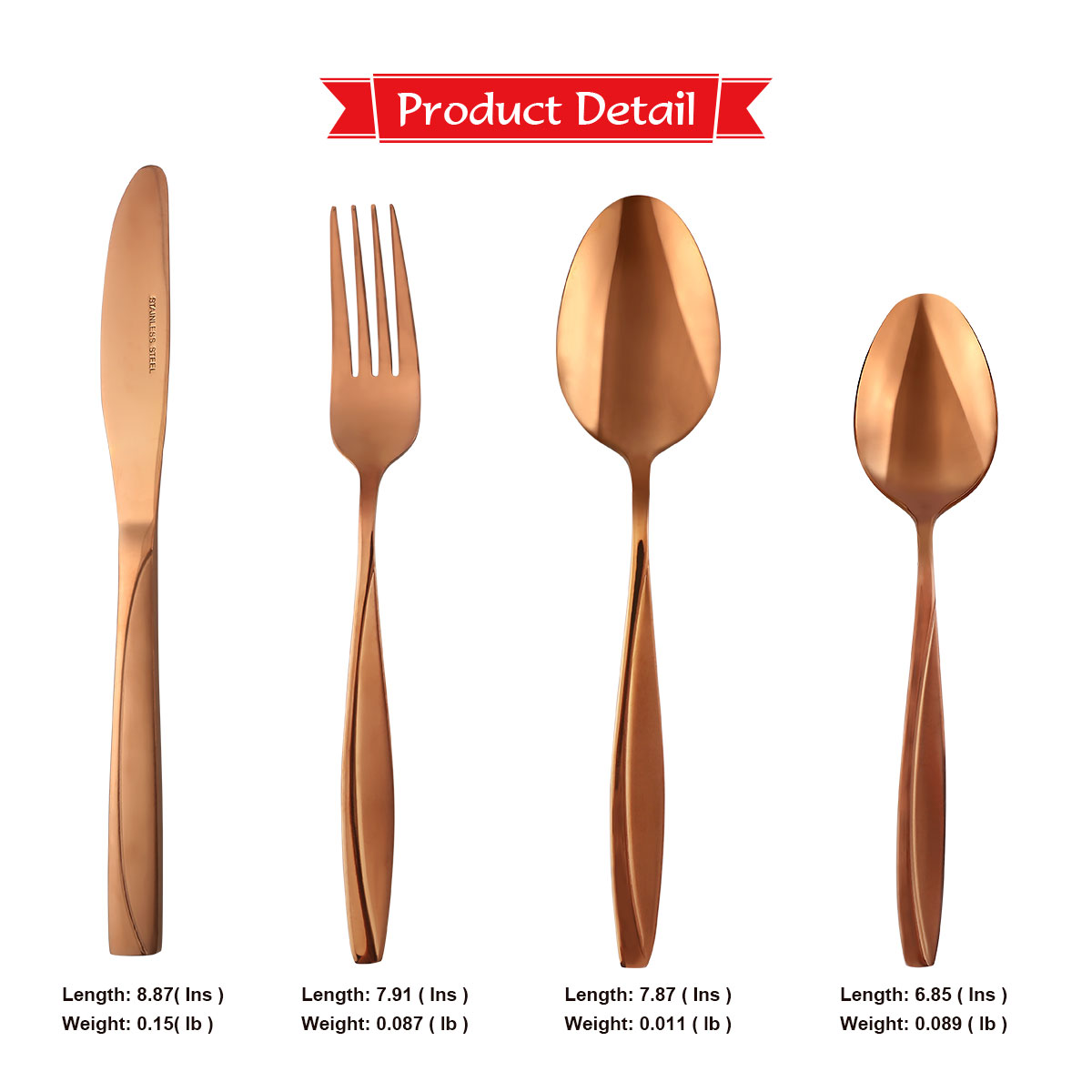 MDEALY 24-Piece Cooper Silverware Kitchen Utensil Set Good Quality Stainless Steel Flatware Cutlery Service for 6 Include Dinner Knife Forks Spoon Teaspoons Elegant Mirror Matted Handle Polished Gift - image 5 of 7