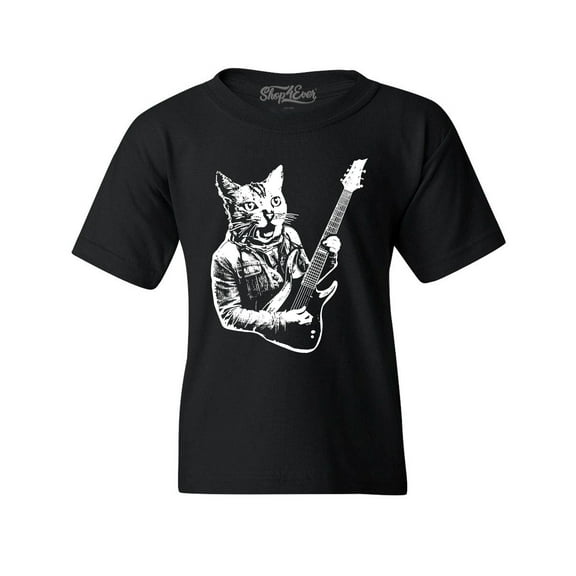 Shop4Ever Kids Rocker Kitty Cat Playing Guitar Graphic Child's Youth T-Shirt X-Large Black