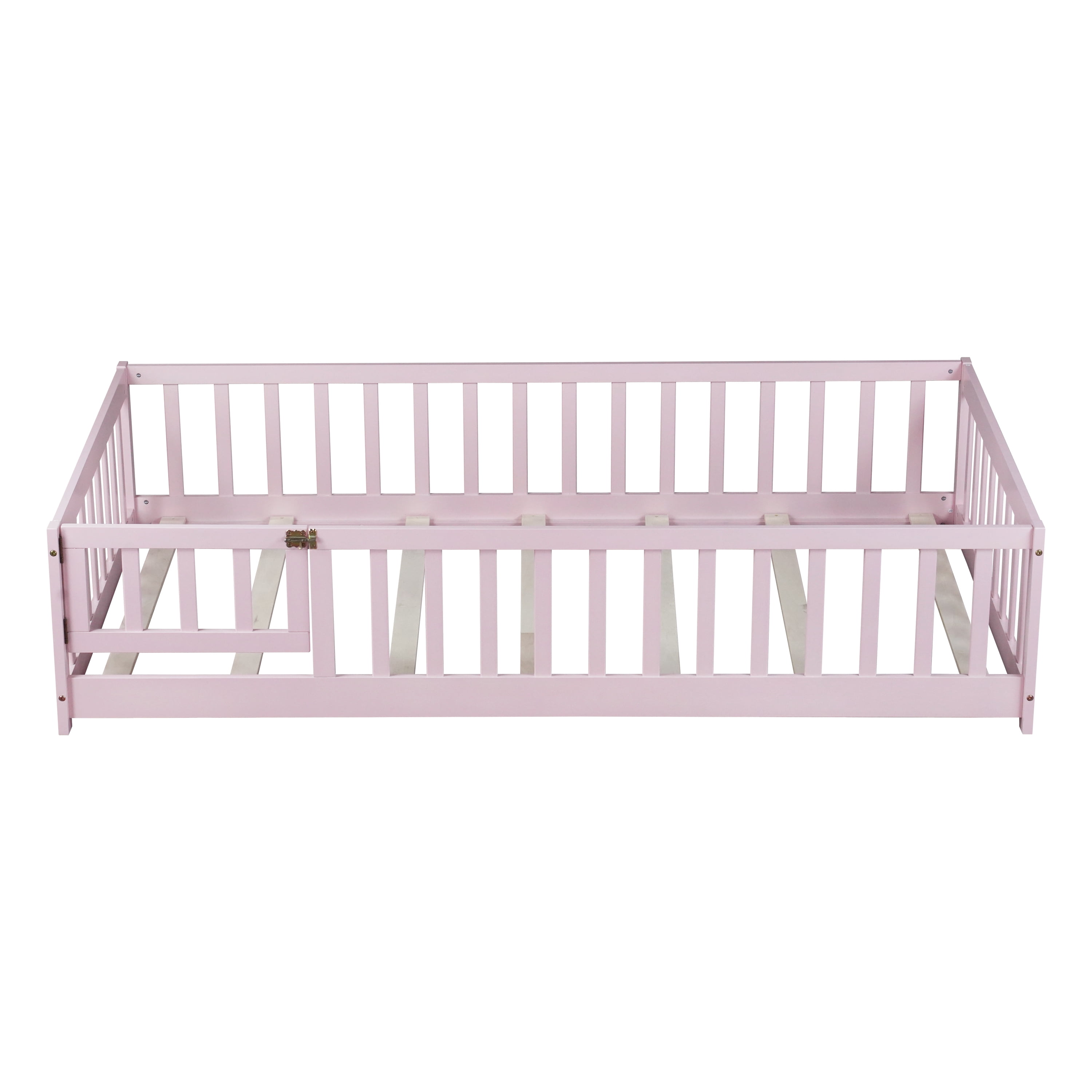 Twin Size Rubber Wood Kids Floor Bed with Full Surround Safety Guardrails & Access Door, Platform Bed with 7 Support Slats, 250LBS Capacity, Mattress Not Included for Small Bedroom