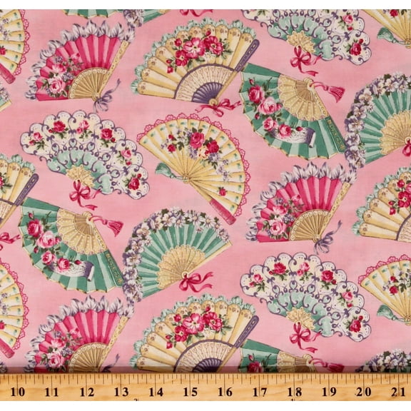 Cotton Old Colorful Fans Hand Fans Flowers Bows Ruru Marie Pink Cotton Fabric Print by the Yard (QGRU-2380D13-10-PINK)
