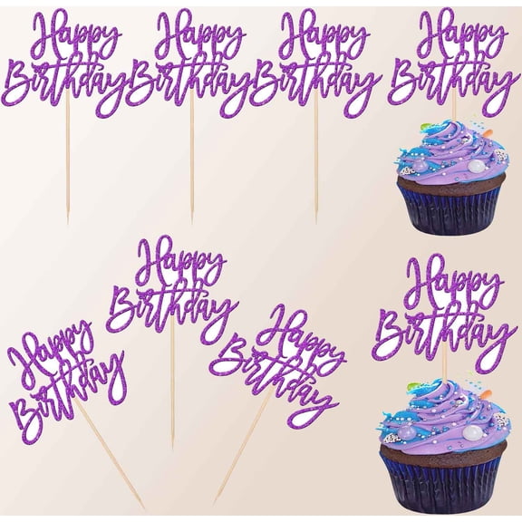 Glitter Happy Birthday Cupcake Toppers - Purple Cupcake Picks for Celebrating Anniversary Theme Party Cake Decorations