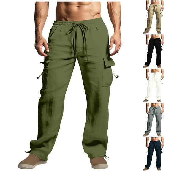 CFLVAEK Men's Cotton Linen Cargo Pants Big and Tall Drawstring Elastic Waist Hiking Work Pant with Multi Pockets Loose Fit Wide Leg Trousers Army Green L