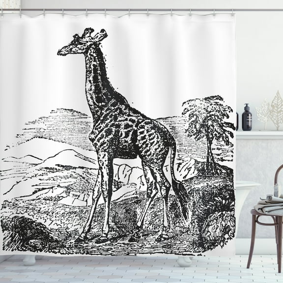 Ambesonne Giraffe Shower Curtain, Engraving Natural History, 69"Wx70"L, White and Charcoal Grey