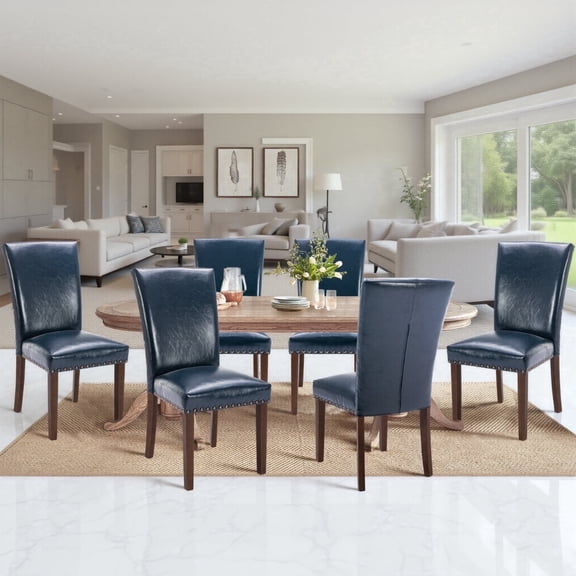 Mid-Century PU Dining Chairs Set of 6 with Nailhead Detail and Wooden Legs, Upholstered Side Chairs for Kitchen and Dining Room – Blue
