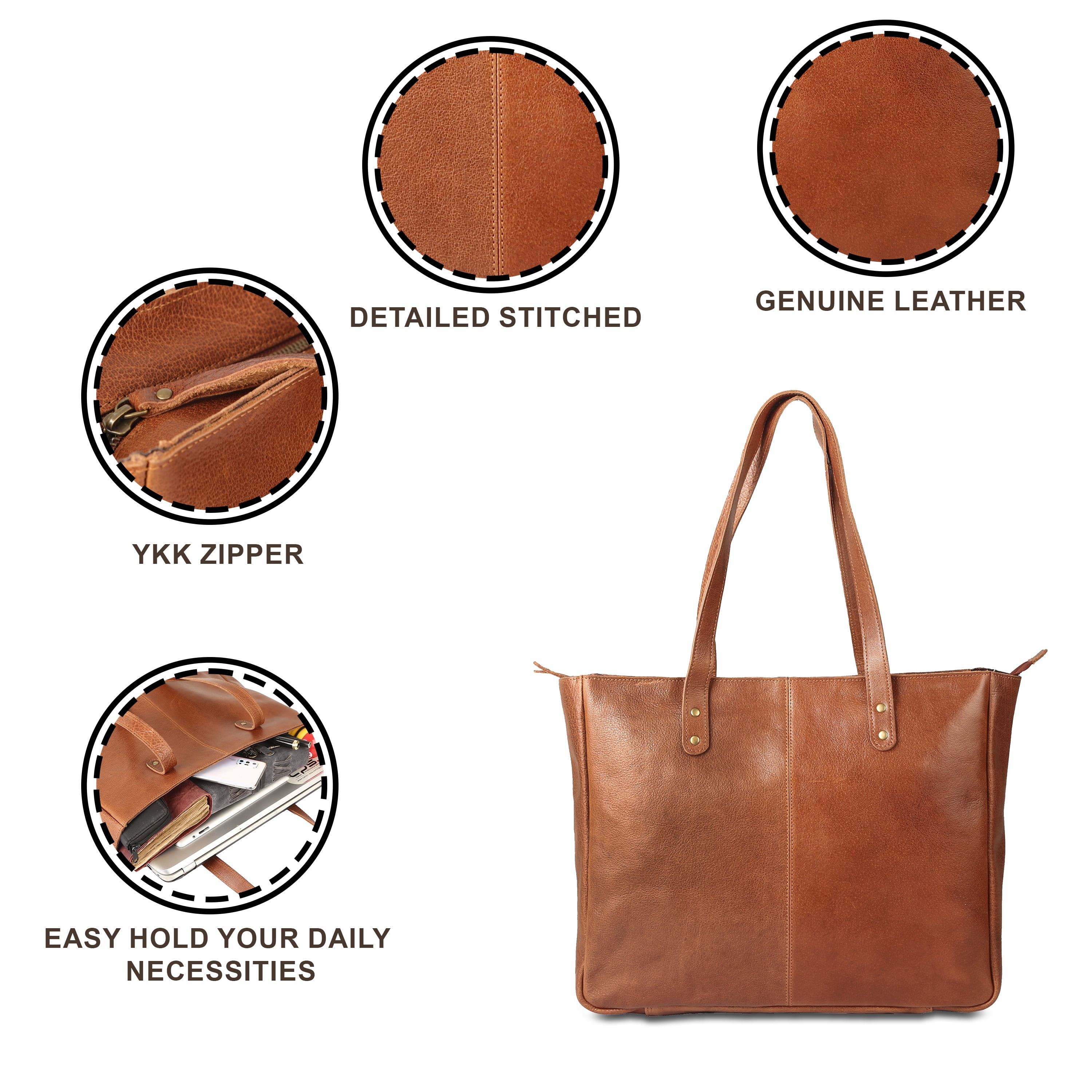 Leather Zip Tote Bag for Women Purse Satchel Travel Bag Shopping Carry Messenger Multipurpose Handbag