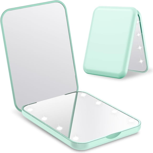 HLONK Compact Mirror with Light and Magnification 1X/3X Portable LED Travel Makeup Mirror Mini Foldable Magnetic Closing Pocket Mirror Handheld Compact Purse Mirror for Girls Green