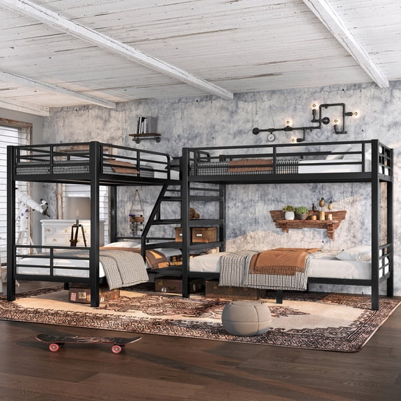 Corner Quad Bunk Bed with Storage Stairs, L-Shaped Twin Size 4 Beds with Headboard, Metal Twin over Twin Bunk Bed Frame for 4, Black Noise-Free Design