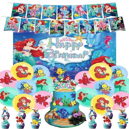 Mermaid Princess cartoon theme birthday party decorations set, princess theme party favors, party supplies set including banners, balloons, backdrop, cake decorations