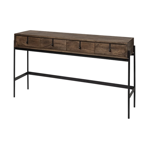 HomeRoots Rectangular Mango Wood Finish Console Table with 4 Drawers