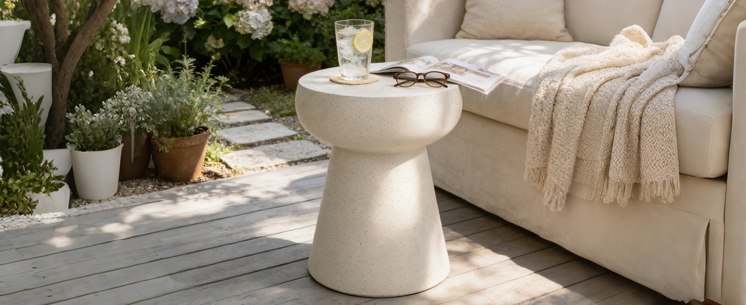 Mintazer 19.68" H Mushroom-Shaped Outdoor Side Table, Geometric Pedestal End Table with Travertine Texture, Modern Accent Table for Patio Living Room, Beige & Yellow