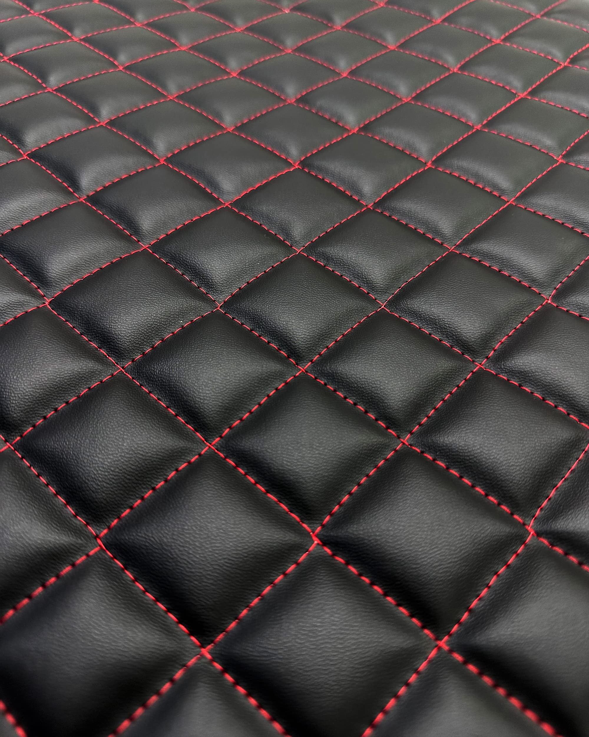 Quilted Padded Vinyl Fabric w 3/8" Foam Backing Smooth Grain Texture 2"x2" Diamond Upholstery /52" Wide/Sold by The Yard - Padded Wall Covering, Accent Wall, Craft n Sewing Vinyl (Black, Red Thread)