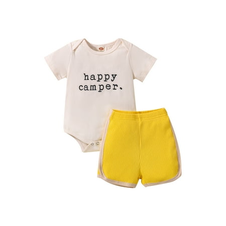 

TheFound Newborn Baby Girl Boy Summer Outfits Short Sleeve Letter Print Romper + Ribbed Shorts Set