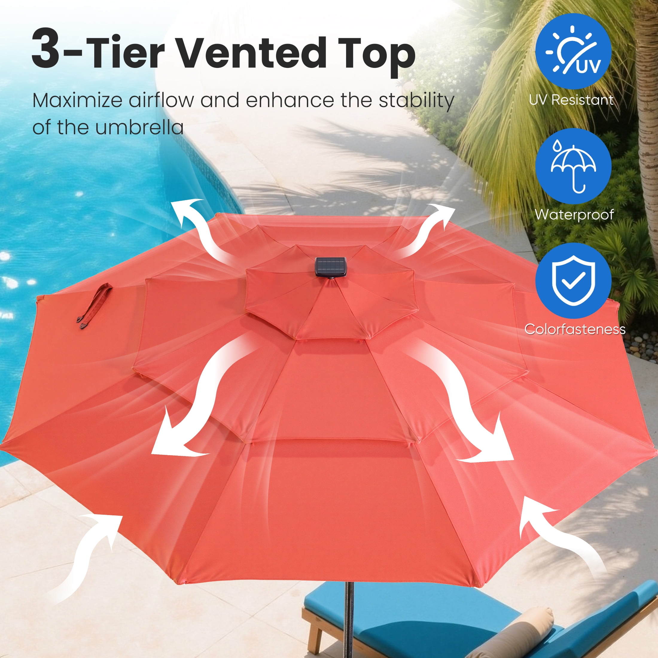 SHOUFTW 9.2ft 3-Tier Solar Patio Umbrella with LED Lights, Tilt, Crank, for Garden, Deck, Pool, Red