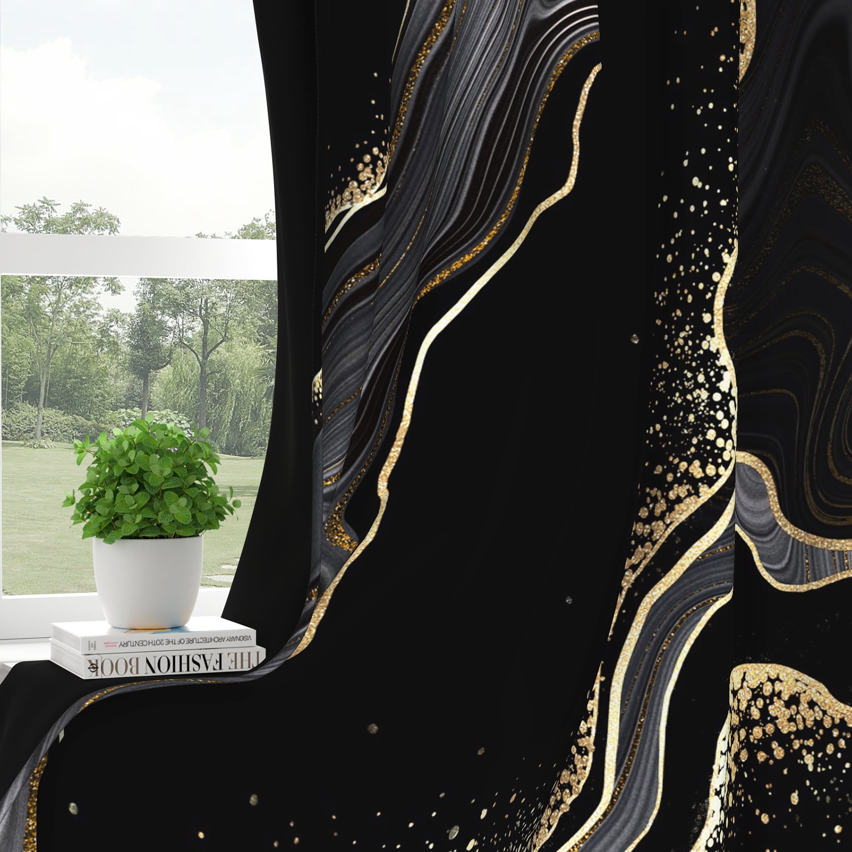 Dashan Black Gold Marble Blackout Window Curtain for Living Room,Thermal Insulated Curtains,52x84 Inch,Set of 2