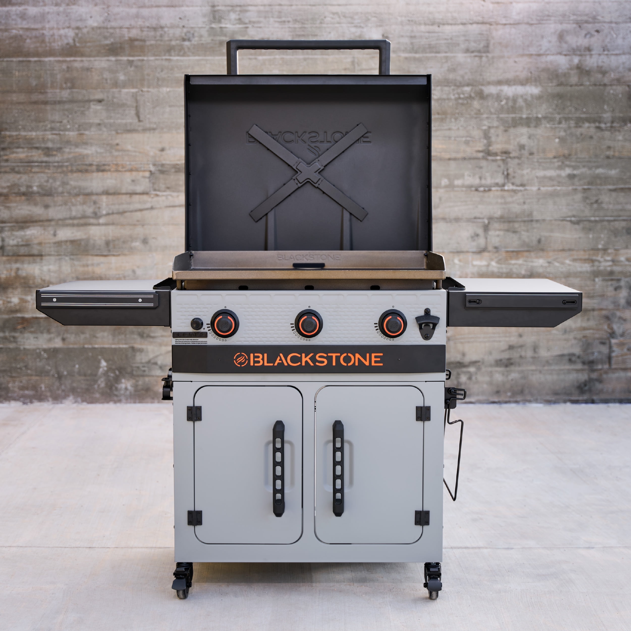 Blackstone Bronco 28" XL Outdoor Griddle, 3-Burner Flat Top Grill with Cabinet and Hood