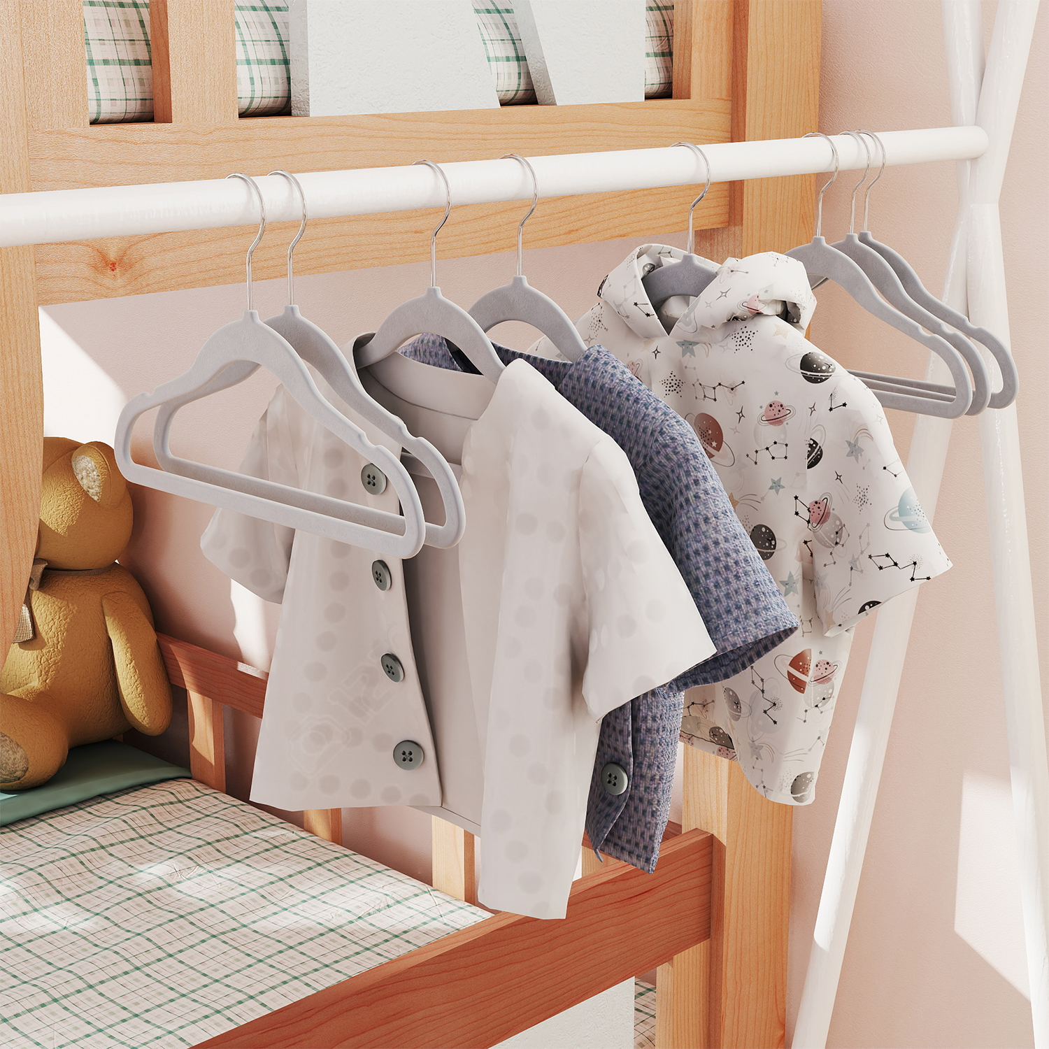 LEDREM 30-Pack Kids Hangers, 11.8 Inch Velvet Children's Hangers with 360° Swivel Hooks, Non-Slip Space-Saving for Closet Nursery, Dove Gray