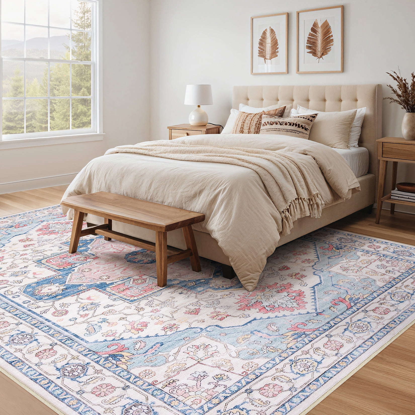 6x9 Area Rug Living Room Rugs - Washable Boho Rug Vintage Oriental Distressed Farmhouse Large Thin Indoor Carpet for Living Room Bedroom Under Dining Table Home Office-PinkBlue