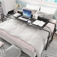 thumbnail image 2 of Overbed Table with Fence Design, Hospital Bed Table w/Wheels, Adjustable Width&Height Rolling Over Bed Table, Queen Size Mobile Computer Desk Standing Workstation Laptop Cart for Home, Black, 2 of 9