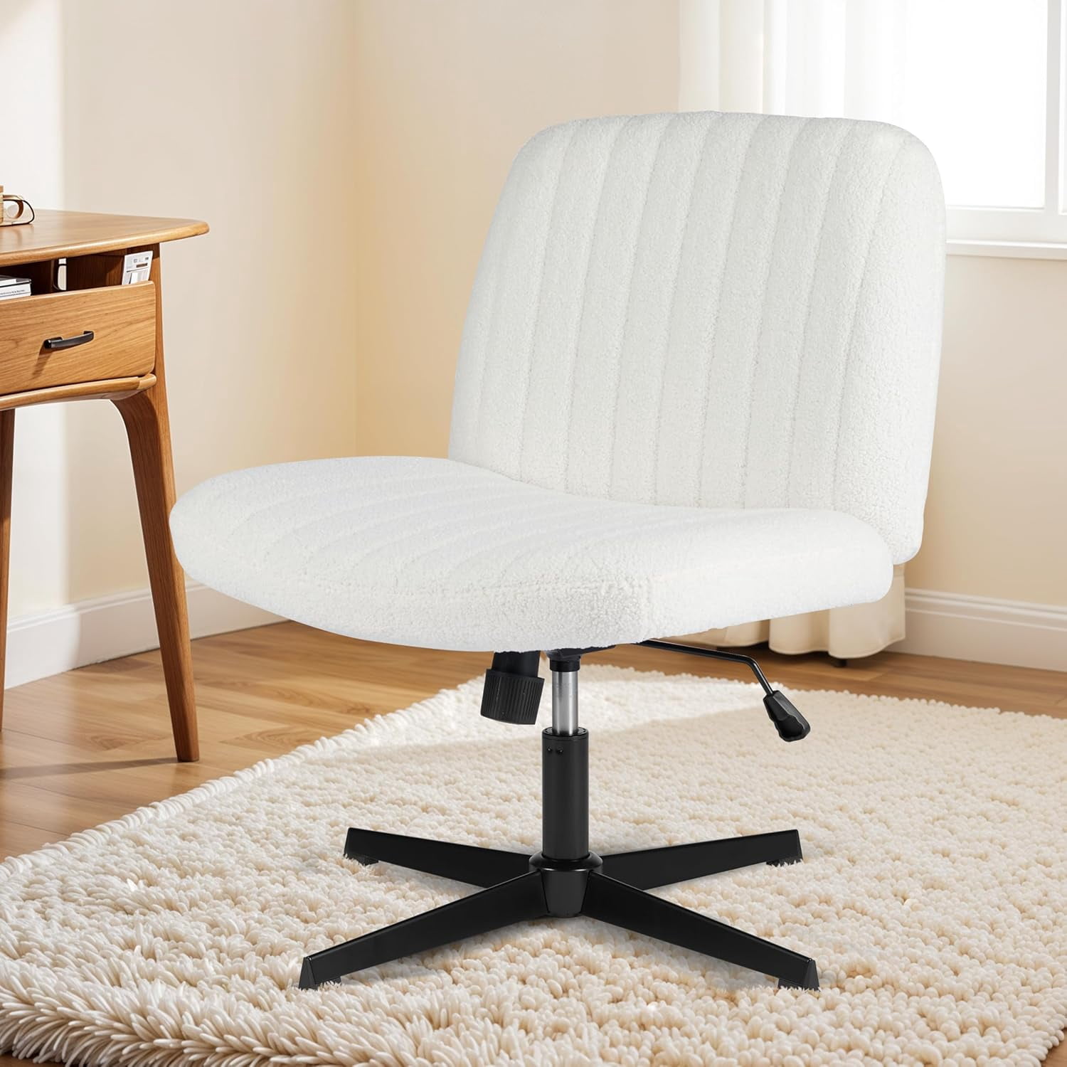 QUIOCOZY Wide Criss Cross Leg Chair, Swivel Office Desk Chair, Adjustable Faux Fur Computer Task Chair, Comfy Armless Vanity Makeup Chair without Wheels for Home & Office