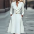 thumbnail image 2 of Elegant Pleated Women Dress Long Fashion A-Line Evening Party Dresses Long Sleeve V-neck Solid High Quality Vestidos Femme, 2 of 3
