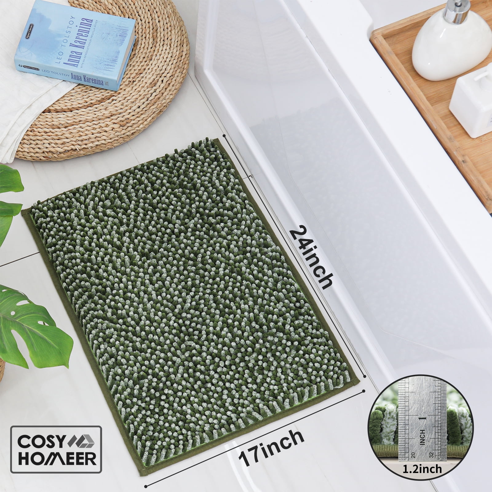 COSY HOMEER Bathroom Rugs 17"x24", Chenille Bath Rugs Washable for Bathroom Floor, Soft and Absorbent Bath Mat Non-Slip, 1.2" Thick Plush Fluffy Bathroom Mat for Tub and Shower, Green