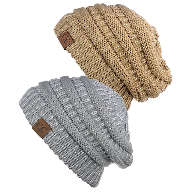 C.C Women's Knit Beanie Cap Hat (2 PACK), Gold/Silver