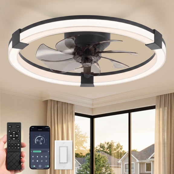 Lokivas 20in Ceiling Fan with Lights and Remote Control, Low Profile Ceiling Fan with 6 Speeds, Reversible DC Motor, for Bedroom, Living Room, Black
