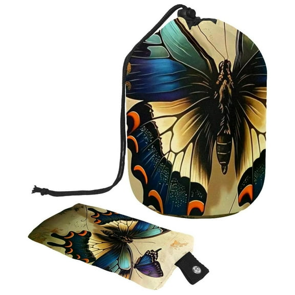 PhooArto Drawstring Cosmetic Bag, Barrel Shaped Portable Travel Makeup Bags, Vintage Butterfly Large Capacity Waterproof Multifunctional Bucket Toiletry Bag