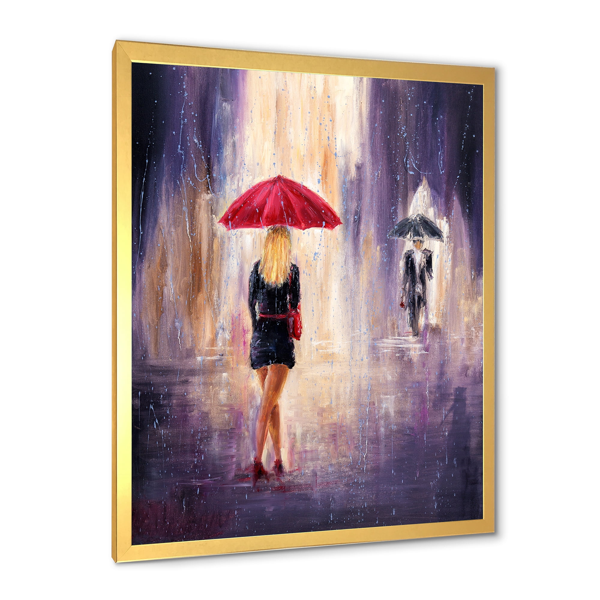 Designart 'The Girl With The Umbrella Walking In The Rain II' French Country Framed Art Print