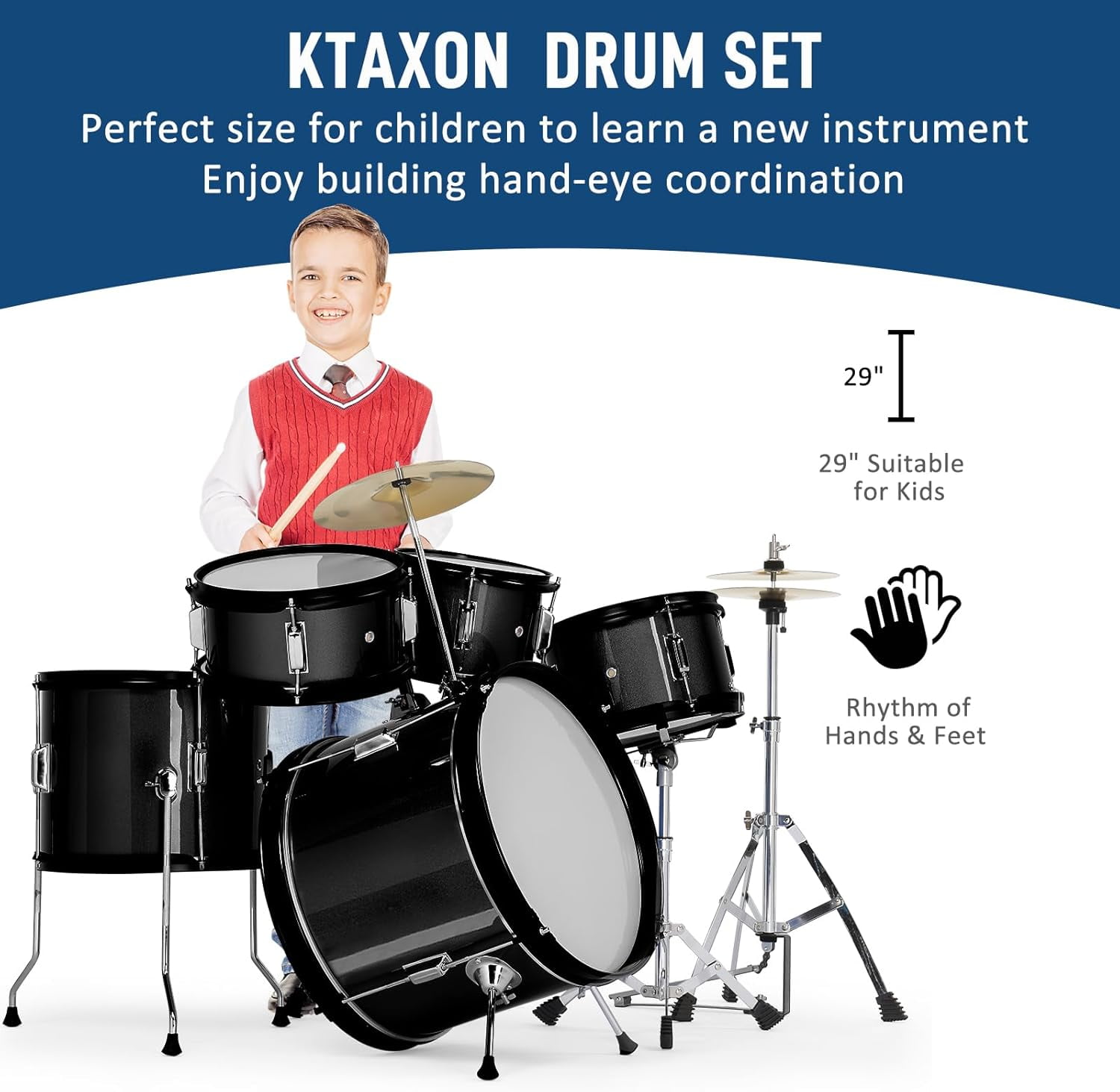 HarmonyStrings 5-Piece Complete Junior Drums Set, 14 Inch Beginners Drum Kit with Throne Stool, Pedal & Drumsticks, Drums Musical Instruments W/Cymbal, Hi-Hat, Floor, Tom and Snare Drum 16"x11" Black