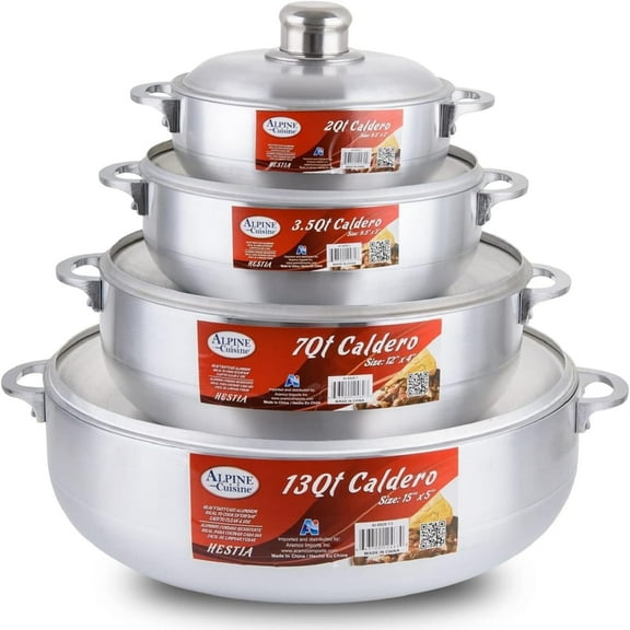 Alpine Cuisine Aluminum Caldero Stock Pot Set (2/3.5/7/13 Quart), Cosine Cooking Dutch Oven, Serve Large & Small Groups, Riveted Handles (8 Piece Set)