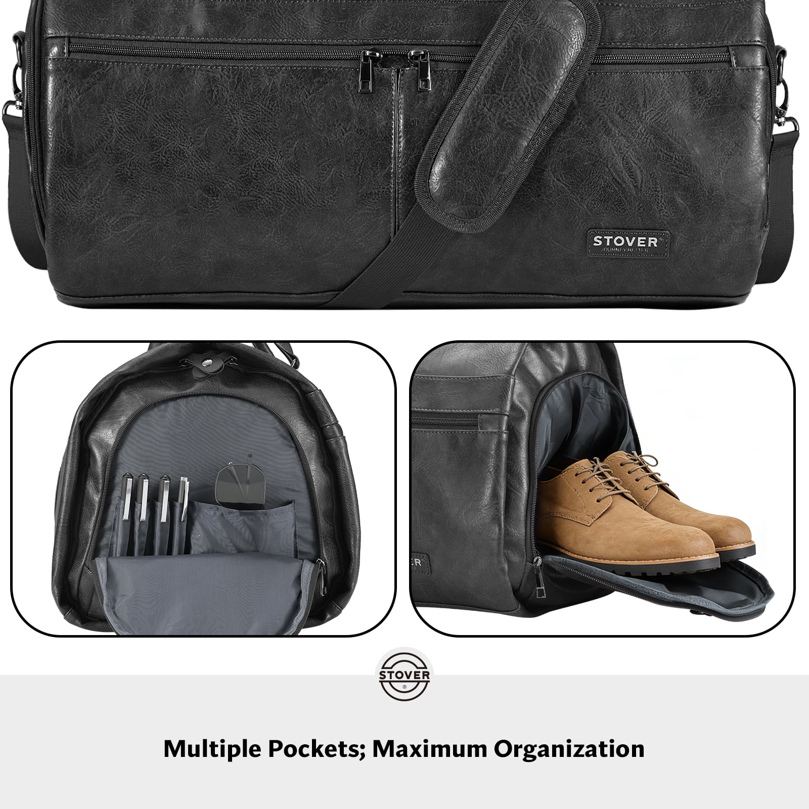 STOVER Garment Travel Duffle Bag, Large 2-in-1 Convertible Carry-on Luggage (Black Leatherette)