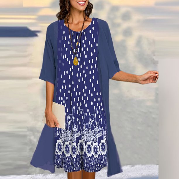 2023 Fashion O Neck 5XL Printed Two-Piece Sets Elegant Women Print Seven-Point Sleeve Tops Dress New Spring Summer Suit DressesM Gao Jinjia LED