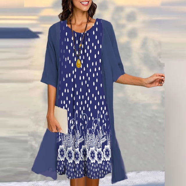 2023 Fashion O Neck 5XL Printed Two-Piece Sets Elegant Women Print Seven-Point Sleeve Tops Dress New Spring Summer Suit DressesS Gao Jinjia LED