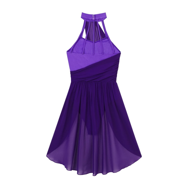 inhzoy Women Lyrical Dance Dress Modern Ballet Costume Halter Neck Chiffon  Dancewear Dark Purple M