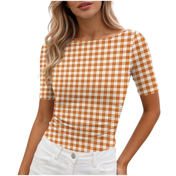 DeHolifer Women's Tops Casual Plaid Printed Crewneck Short Sleeve Lightweight Summer Trendy Tee Tops Orange L