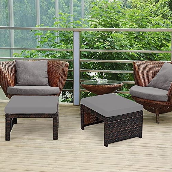 DORTALA 2 Piece Patio Wicker Ottomans, Outdoor Foot Rest with Cushions, PE Rattan Footstool for Patio, Garden, Poolside, Grey