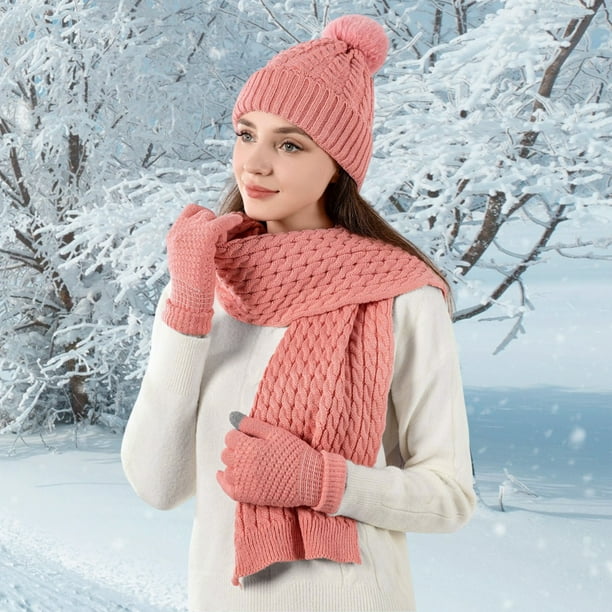 Conjunto De Sombreros Y Bufanda De Felpa De Invierno Para Mujeres Y Hombres, Gorro Cómodo Para Deportes Al Aire Libre, Gorro De Esquí De Nieve, Calentador De Cuello, Bufanda Circular, Rosado