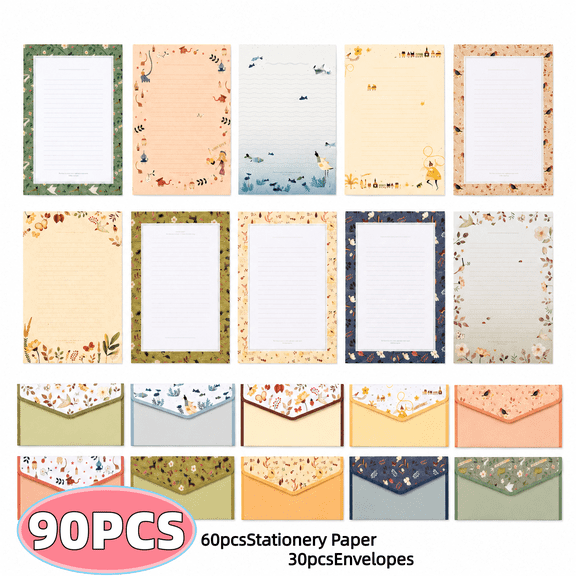 Paper Stationery Set, Writing Stationary Set, Cute Stationary Letter Paper ,10 Different Style Writing Stationery Paper Letter Set (60 Stationery Paper   30 Envelopes)