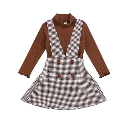 

Baby Toddler Girls Clothes 2T 3T 4T 5T Fall Winter Outfits Brown Knitted Cotton Tops Suspender Plaid Skirt Sets