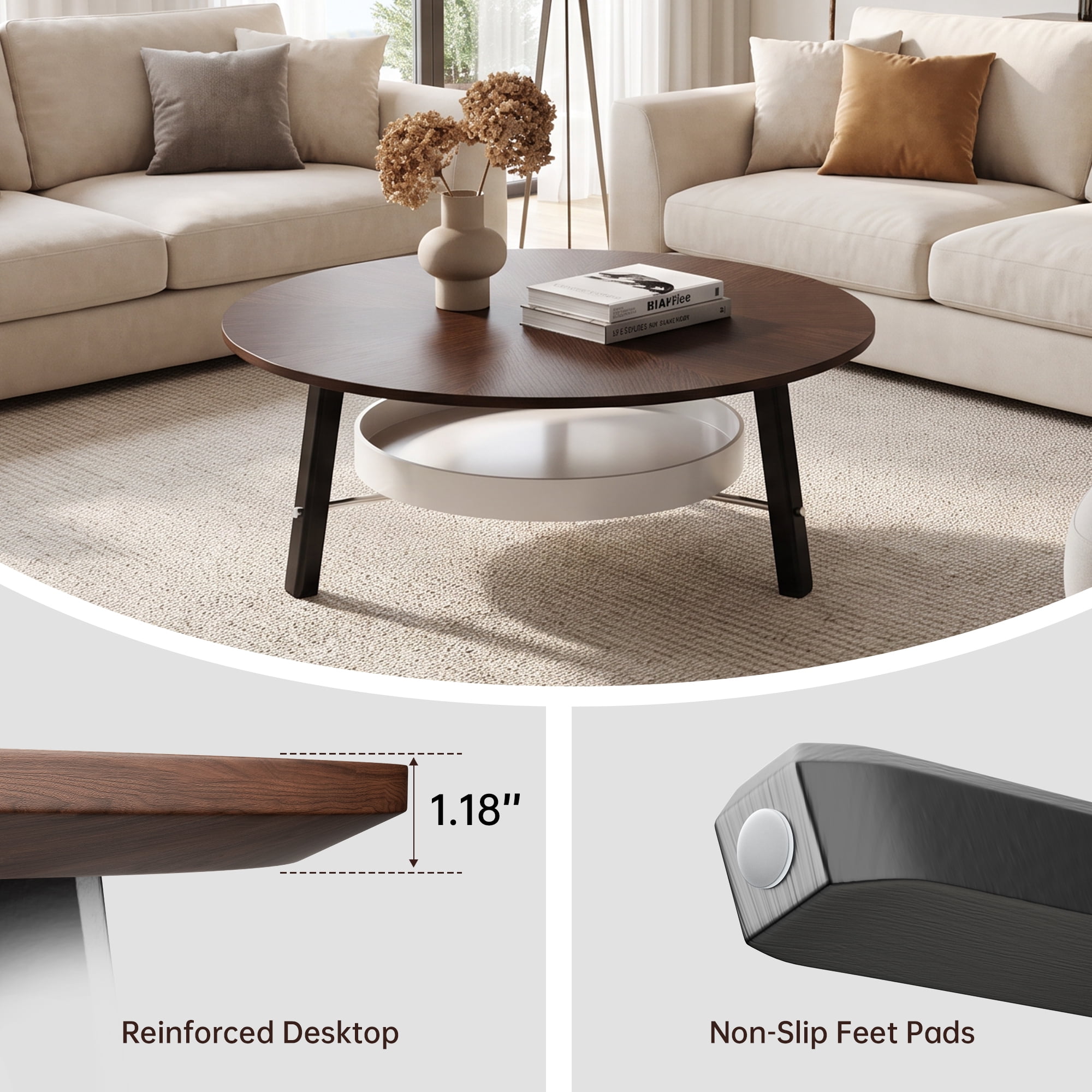 Leumius Round Coffee Table with Storage Shelf, Modern Minimalist Center Table for Living Room Walnut