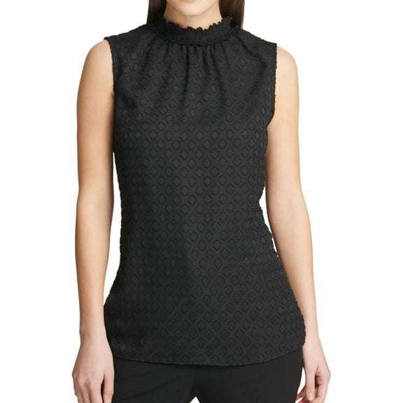 DKNY Womens Ruffled Neck Pullover Blouse, Black, X-Small