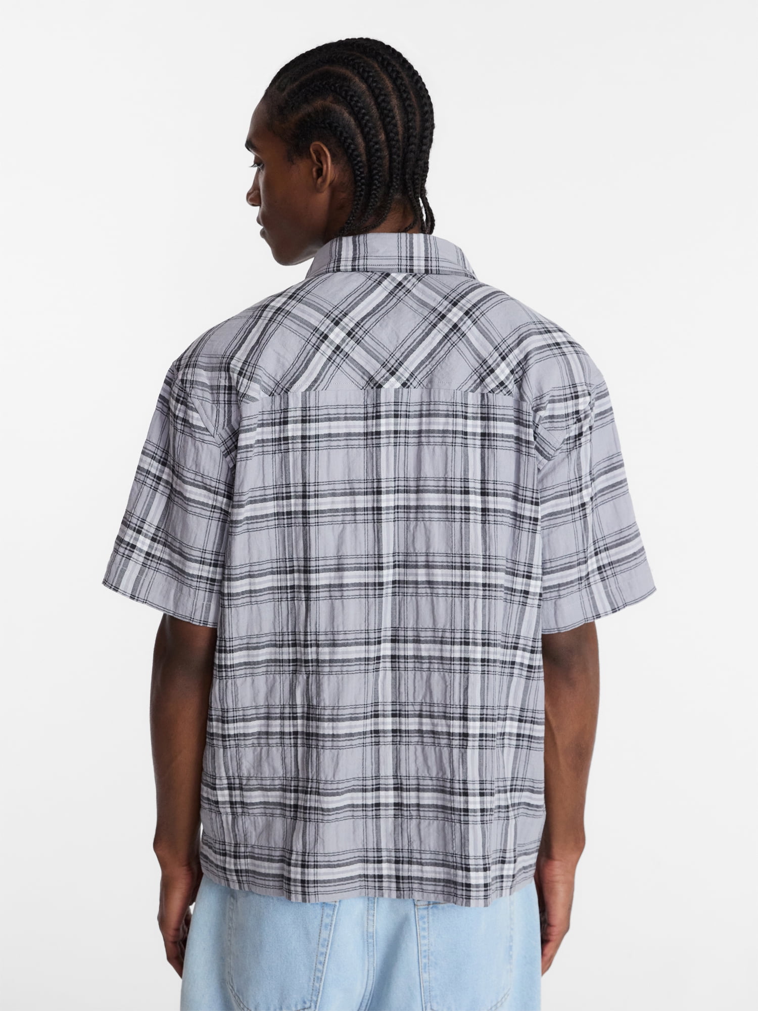 No Boundaries Textured Plaid Button Front Shirt with Short Sleeves, Men's XS-5XL