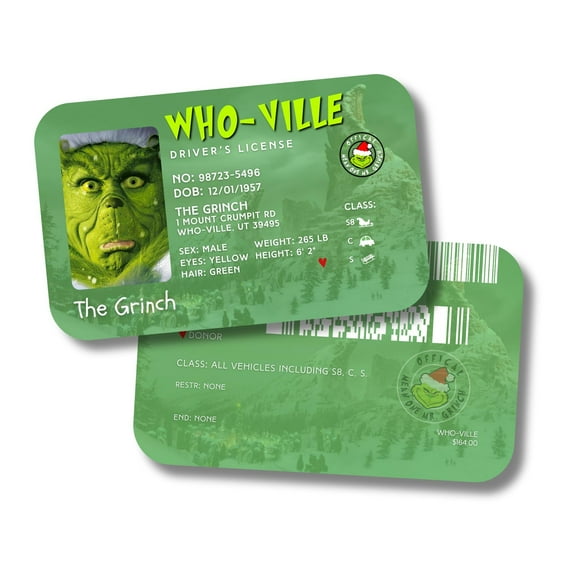 Lashicorn Grouch Drivers License Elf Accessory  5 Pack 2 x 3.5 Plastic Matches Santa Clause License Drops on Christmas Fireplace Doll Whoville