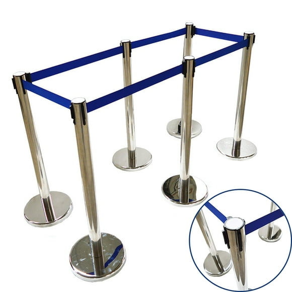 INTBUYING 6PCS Stanchion Posts Stainless Steel Stanchion Queue Post Blue Belt Retractable Post Crowd Control Stanchion for Both Indoor and Outdoor Use