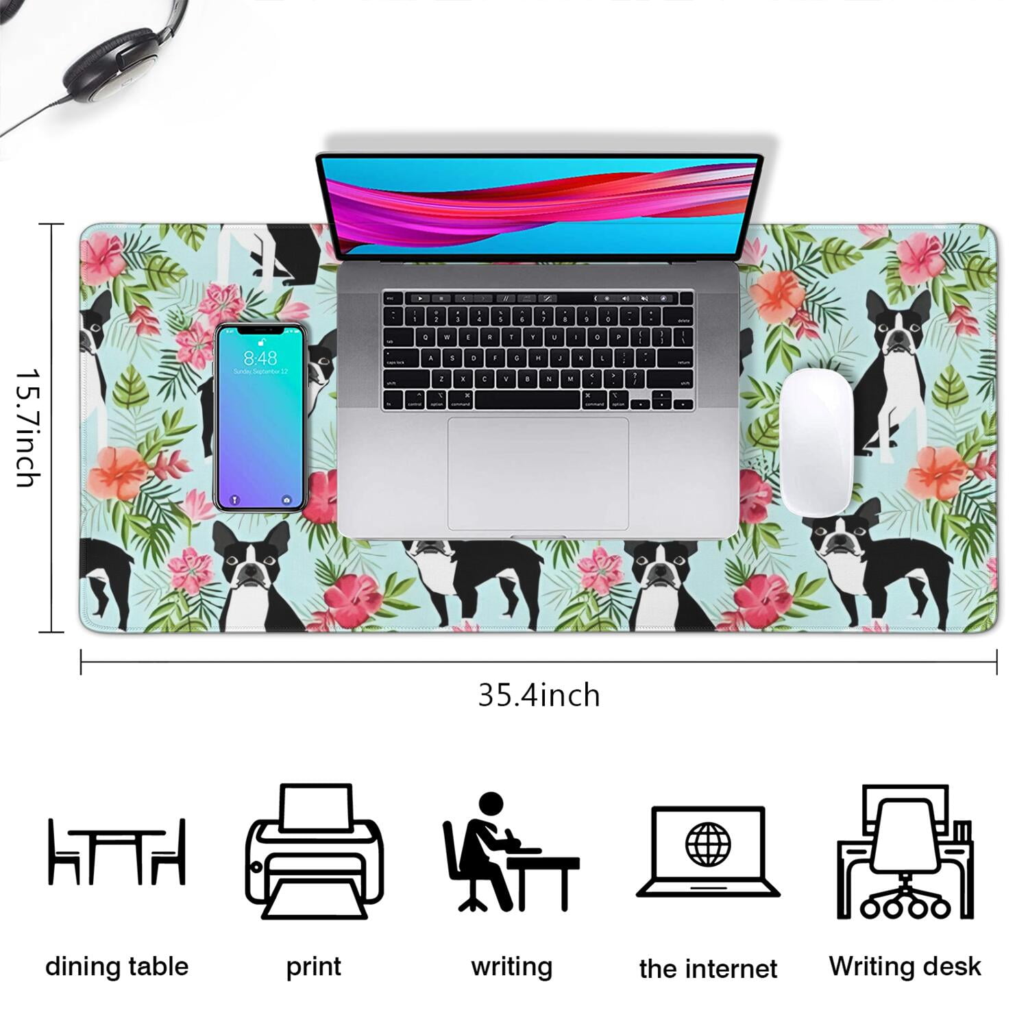 Long Mouse Pads for Desk,Boston Terriers and Pioneer Flower Desk Mats on Top Of Desks, Desk Mouse Pad Extra Large with 3mm Non-Slip Base and Stitched Edge for Gaming,Office,Work,Home 35.4"x15.7"
