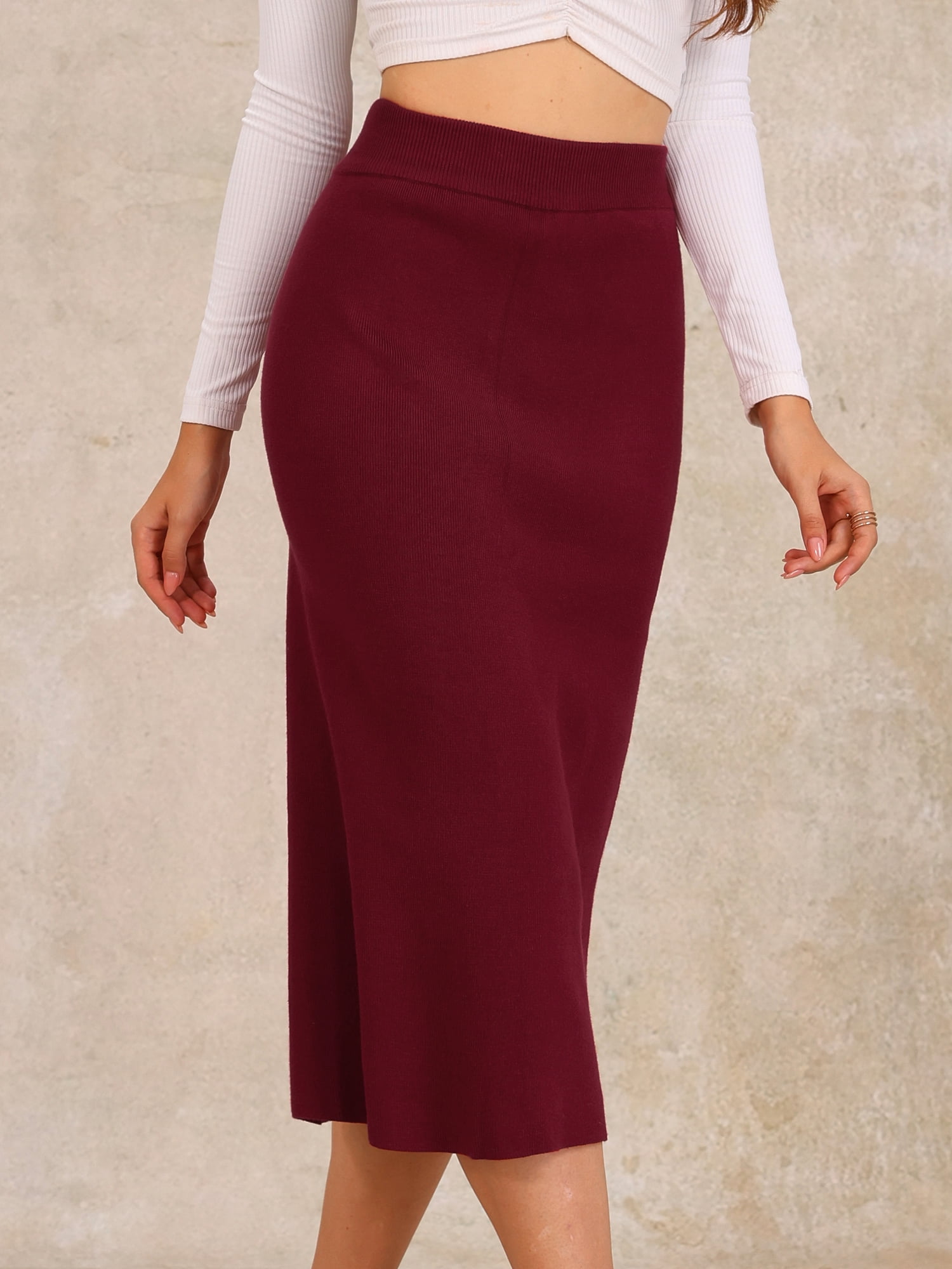 DARING DIVA Women's Ribbed Knit Stretchy Slit Midi Skirt S Claret