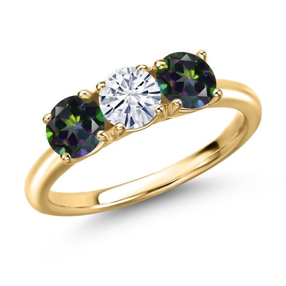 Gem Stone King 18K Yellow Gold Plated Silver White Moissanite and Green Mystic Topaz Engagement Ring for Women | 1.60 Cttw | Round 5MM | Gemstone Birthstone | Size 5